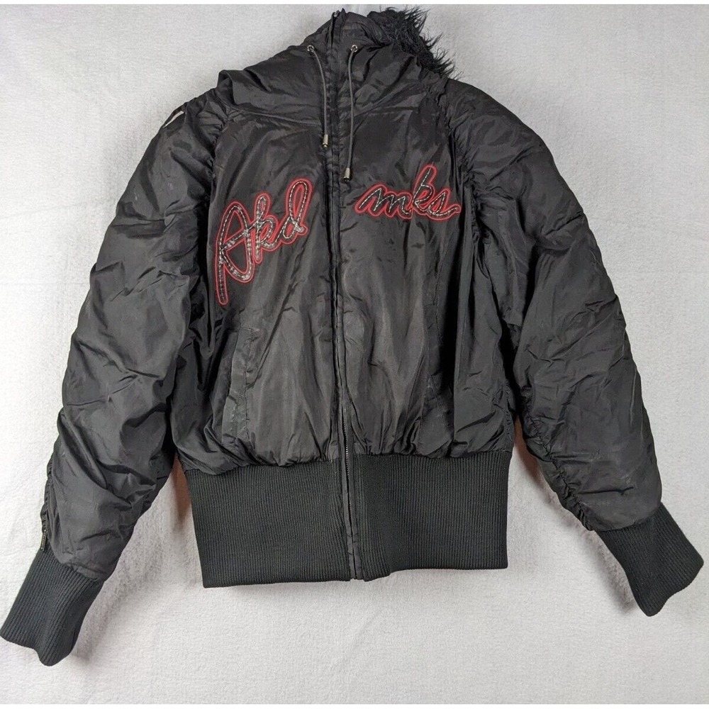 Akademiks Womens Coat Size XL Hooded Faux Fur Trim Nylon Blend Black